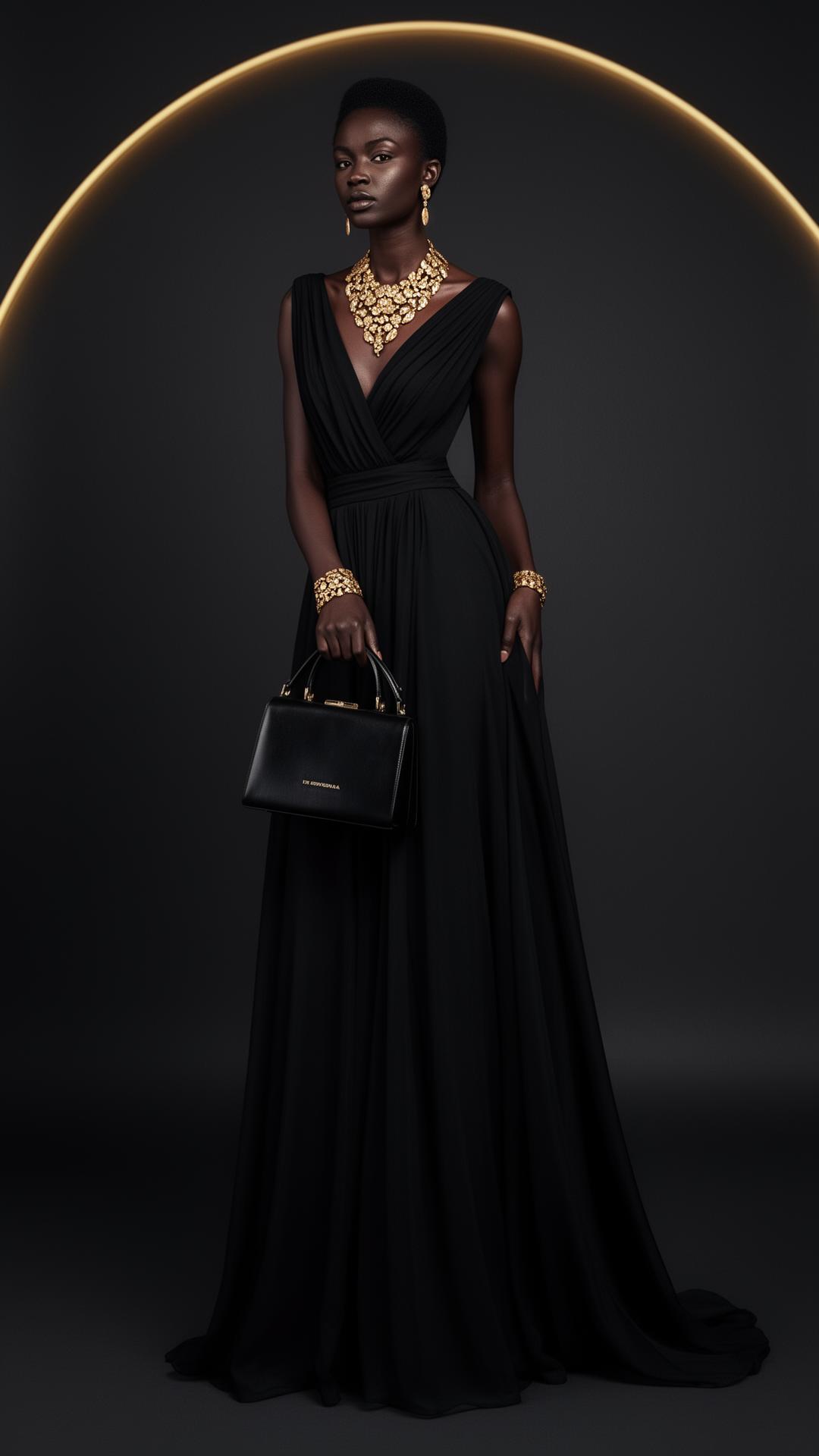 Model in black evening gown with gold jewelry